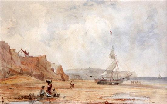 Attributed to George Weatherill (1810-1890) Coastal scene at low tide, 4.75 x 7.25in.